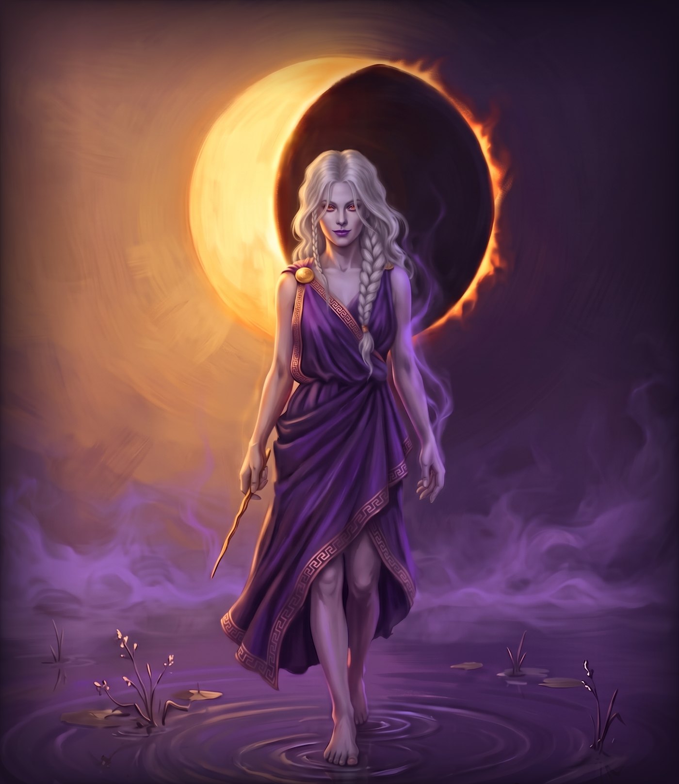 Circe walks across still water beneath a solar eclipse